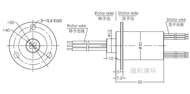 大电流电刷滑环（二通路，每路最大电流50A，法兰安装）结构原理图纸