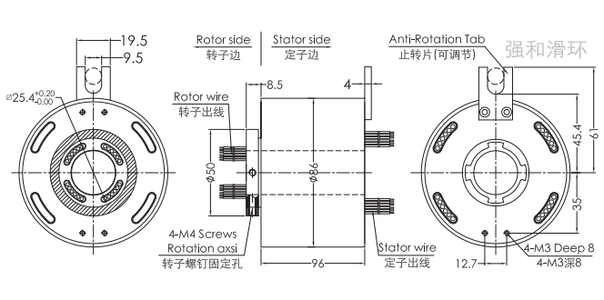 大电流电刷滑环（二通路，每路最大电流100A,内径25.4mm,外径86mm）结构原理图纸
